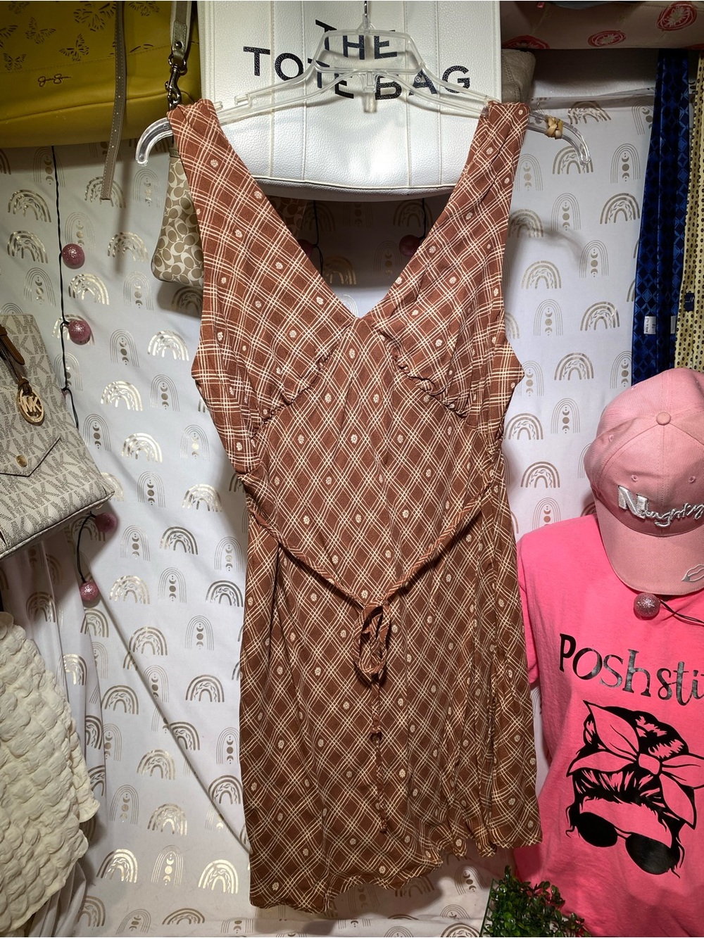 wild fable Brown Geometric Sleeveless Tie-Waist Mini Dress